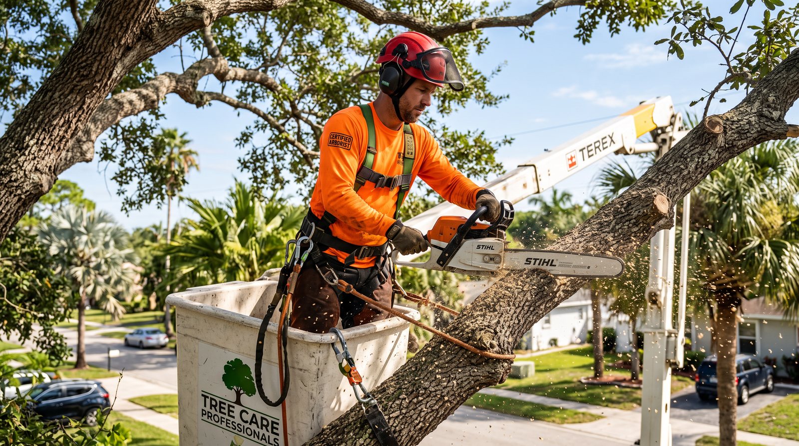 Certified arborist from Miramar Tree Service trimming a large oak branch from a bucket lift in Miramar, FL